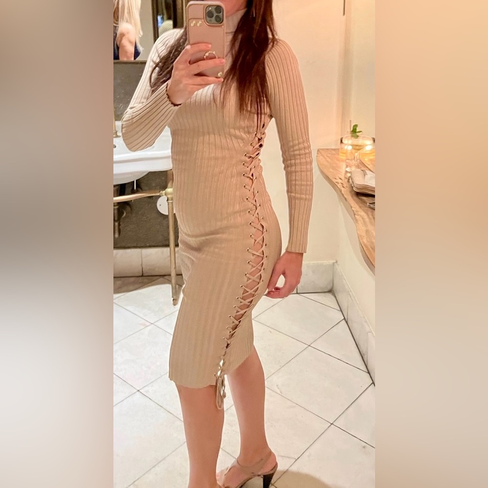 Camel Tan - high laced up slit sweater dress!